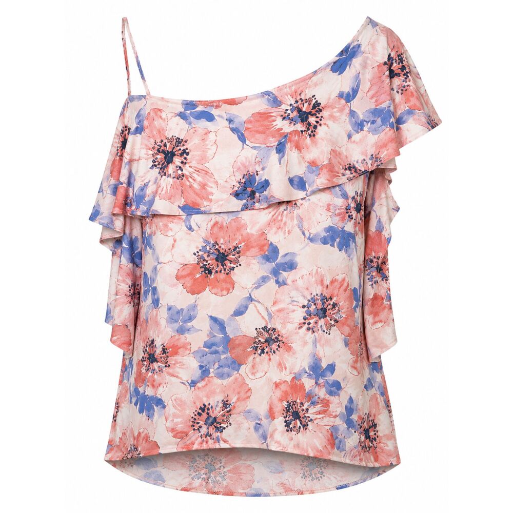 Notations Woman 1X Floral One Shoulder Overlay Blouse Pink Blue Plus Size